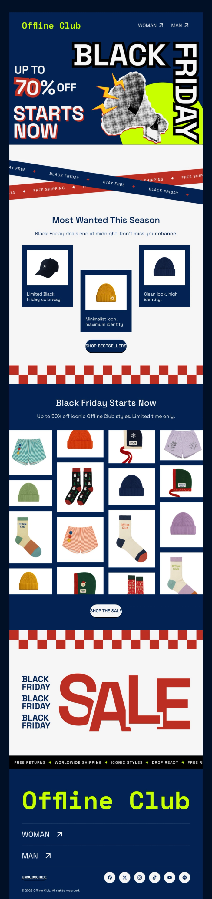 A black friday sales email template that showcasing a different approach to inverted pyramid with lines.